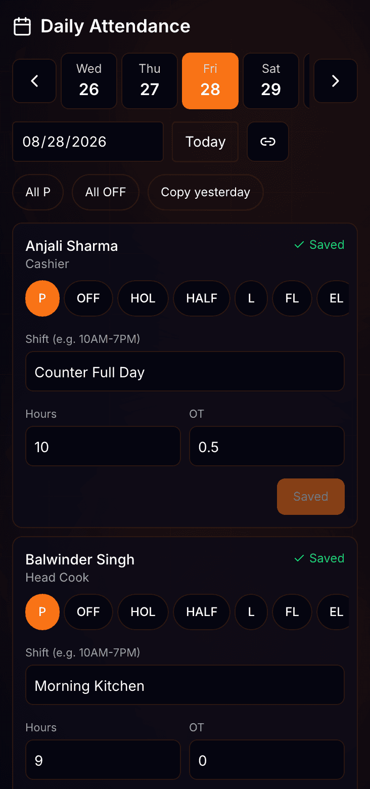 Daily attendance marking screen with a status control on each staff member row