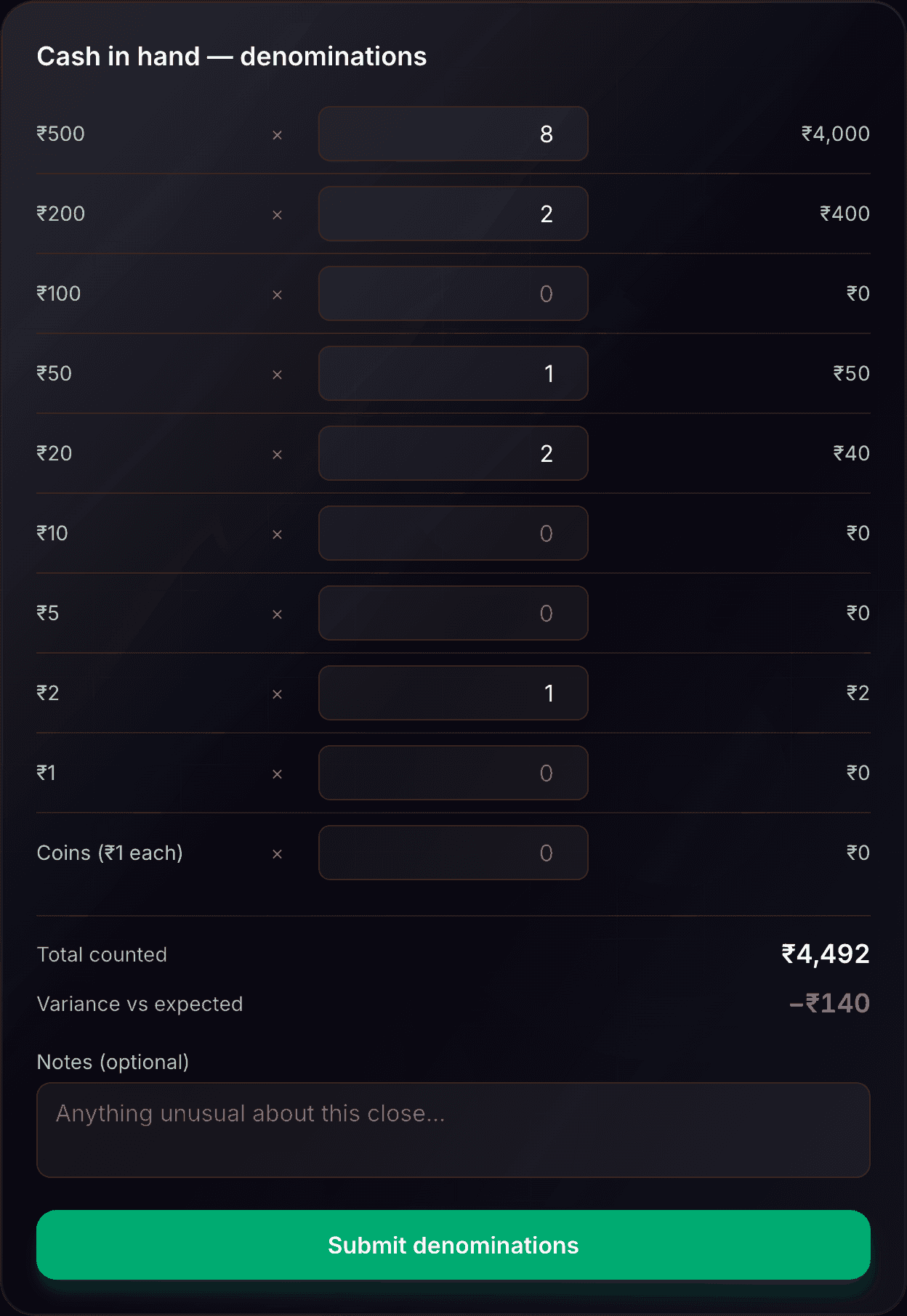 Cash count screen with denominations entered for a late shift