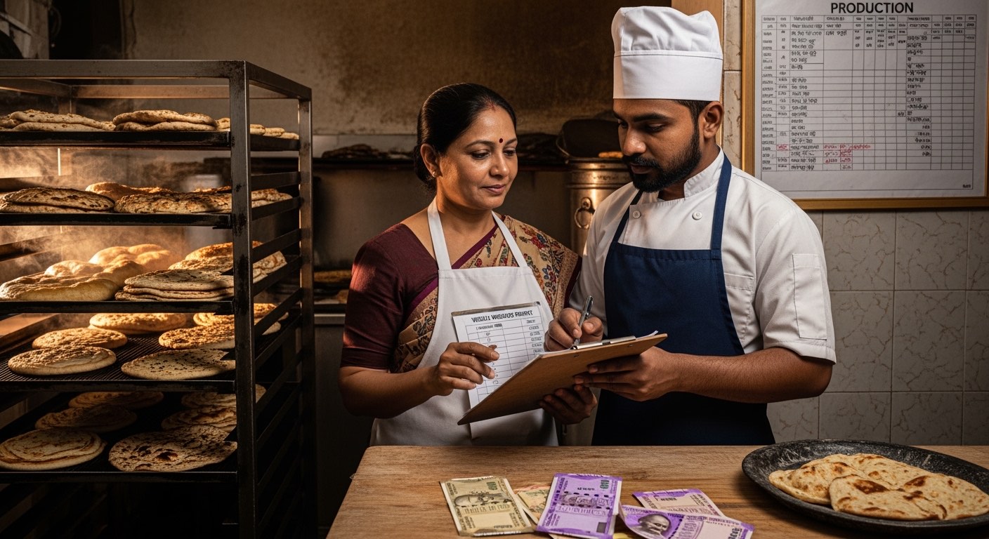 Owner with weekly wastage report on a clipboard, walking through the production sheet update with the head baker