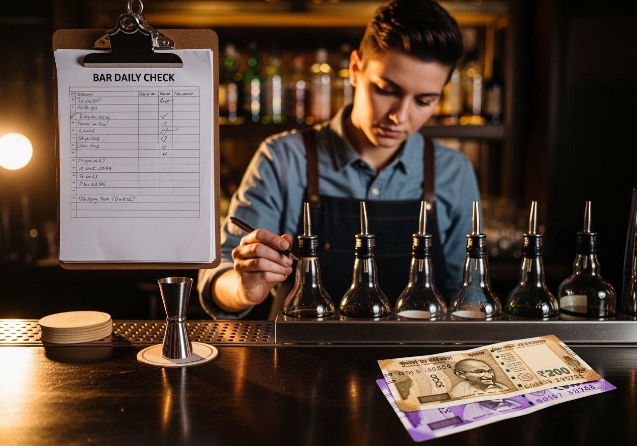 Excel BCM template printed and clipped to a board behind the bar — bartender comparing bottle levels