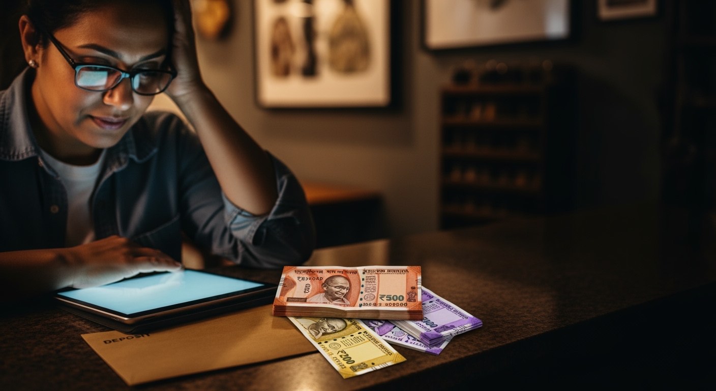 Restaurant owner reviewing the day's sales on a tablet at a closed-up counter, deposit envelope beside it