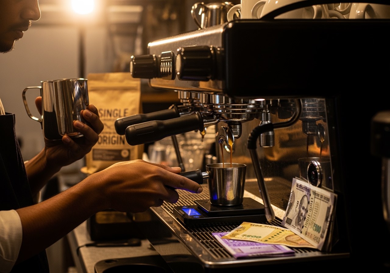 Barista calibrating an espresso shot at 7:45am — group head running, scale on drip tray, single-origin bag visible behind