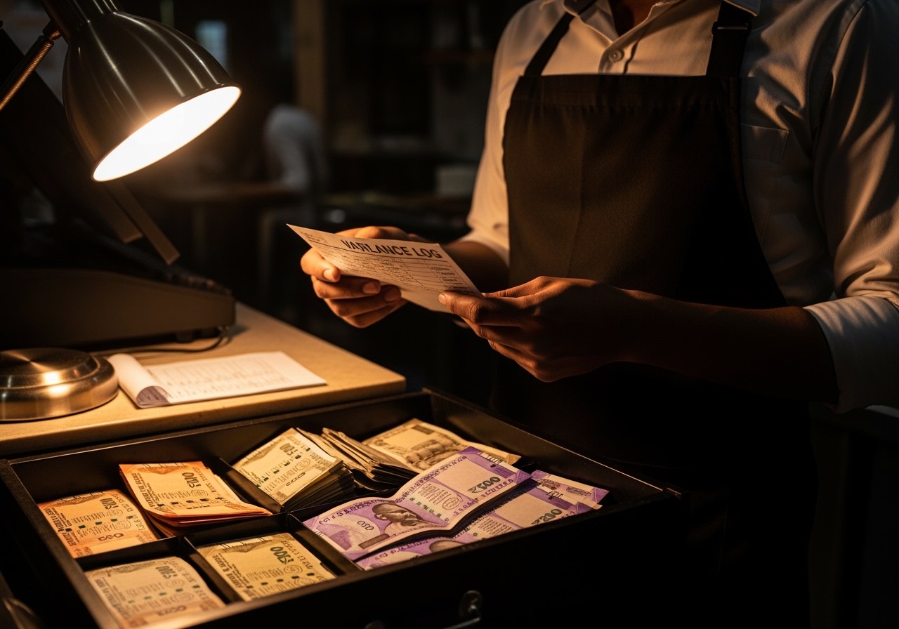 Indian restaurant cashier reviewing variance log under counter lamp