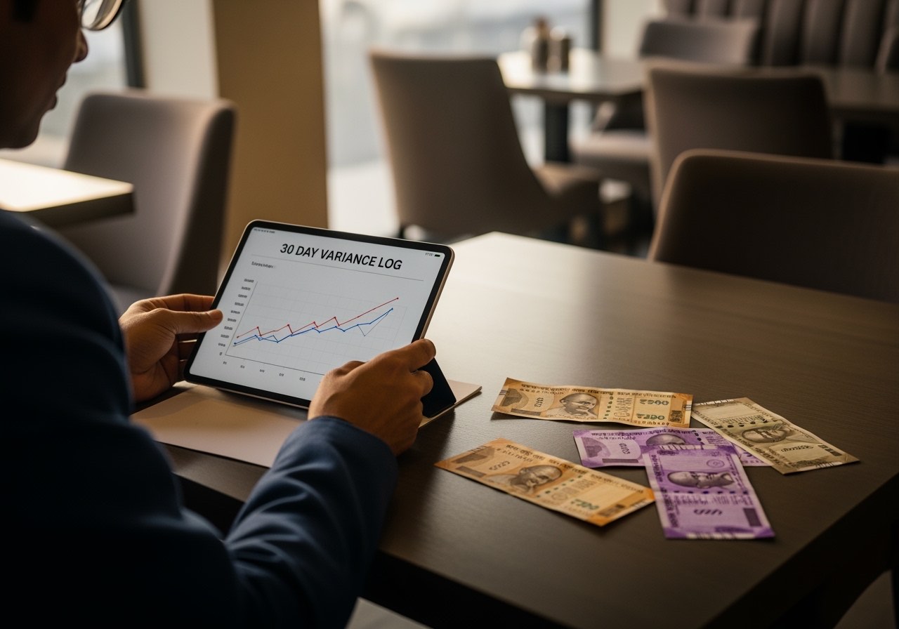 Operator reviewing 30-day variance log on tablet with weekly pattern emerging