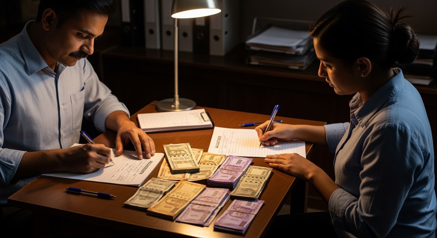 Manager and cashier sitting across a back-office table, both signing the accountability form in duplicate