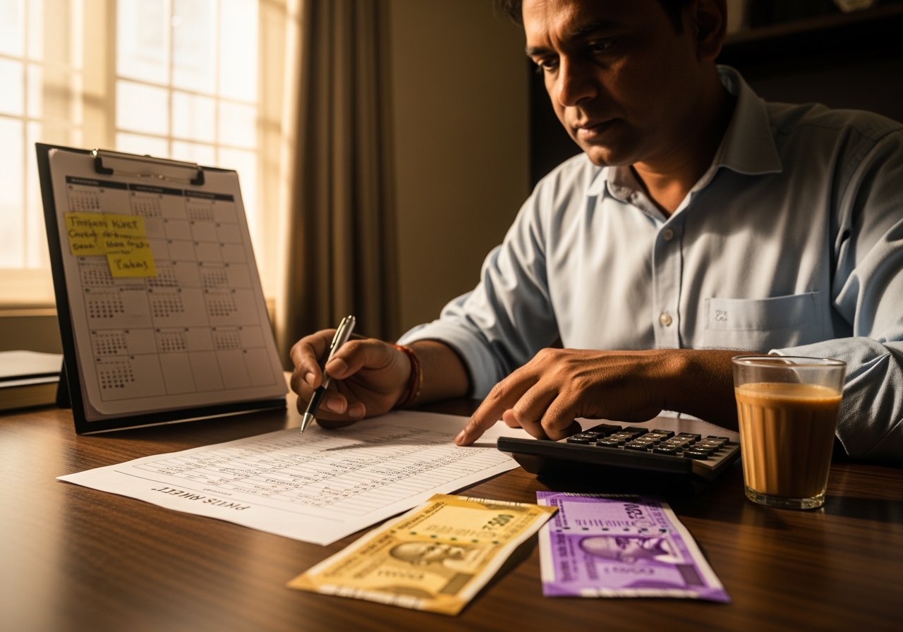 Owner reviewing weekly catering pulse — calendar of upcoming events, pipeline sheet, calculator