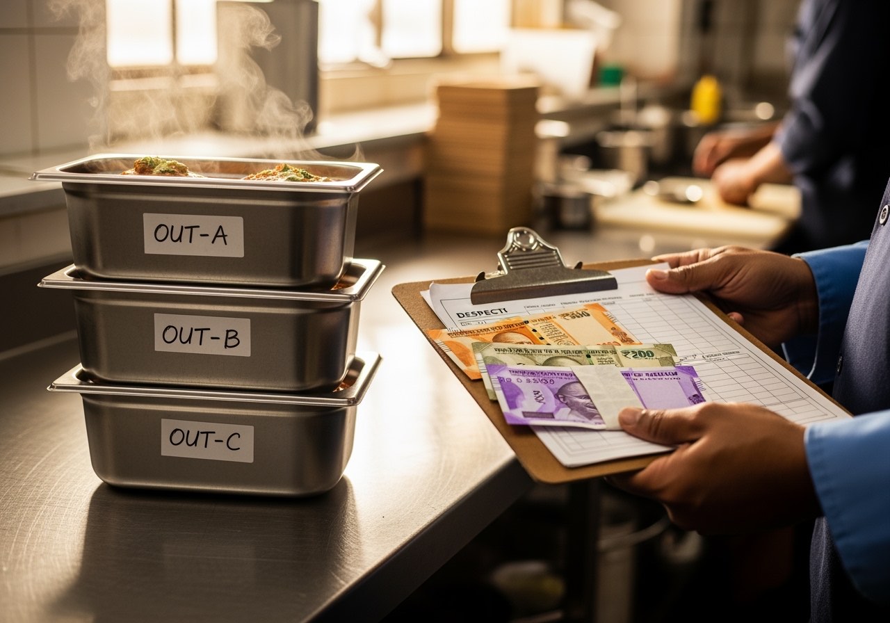 Central kitchen prep line with steel containers stacked for outlet dispatch
