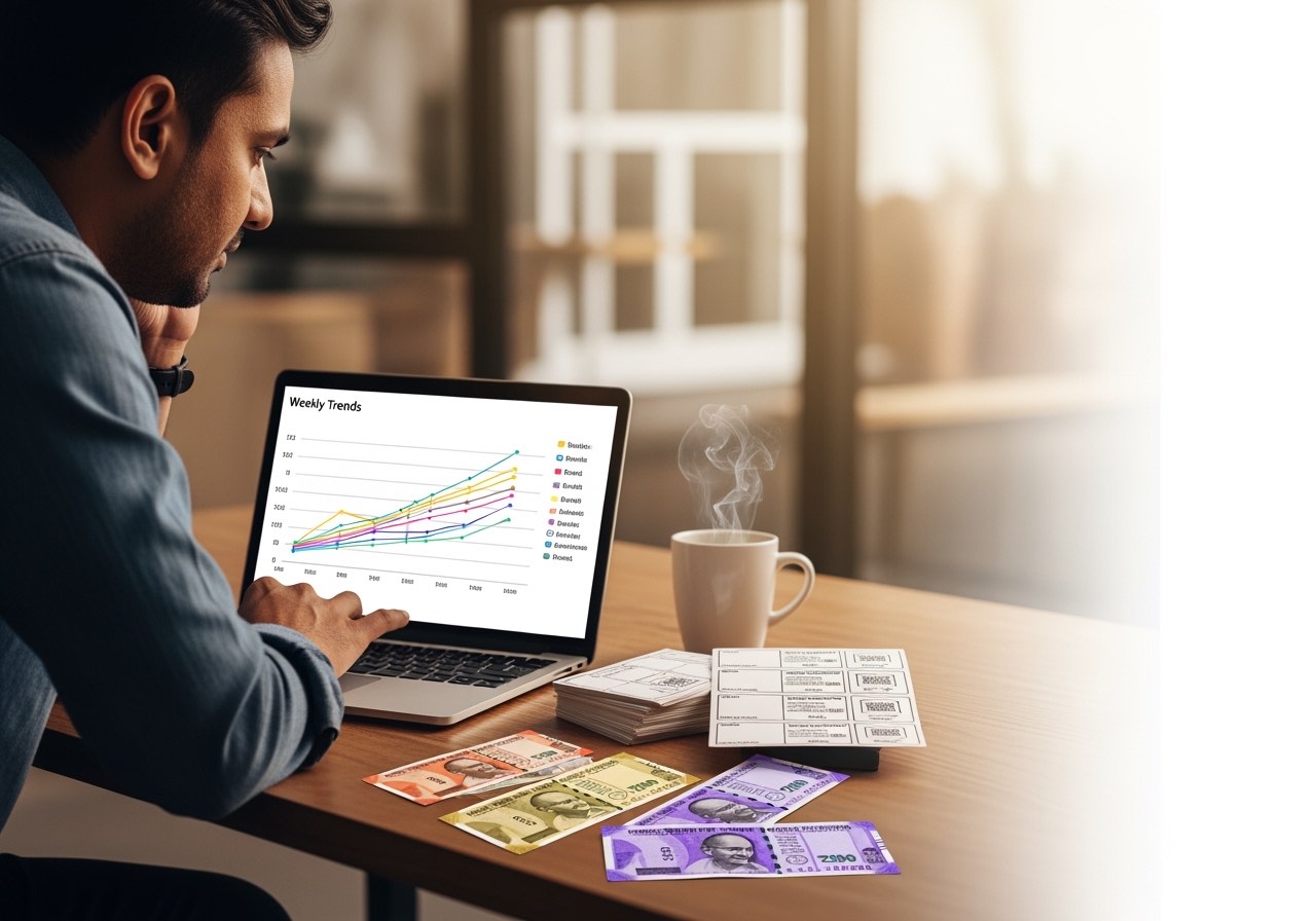 Owner reviewing Monday morning weekly pulse — per-brand CM% trends on screen, coffee cup beside