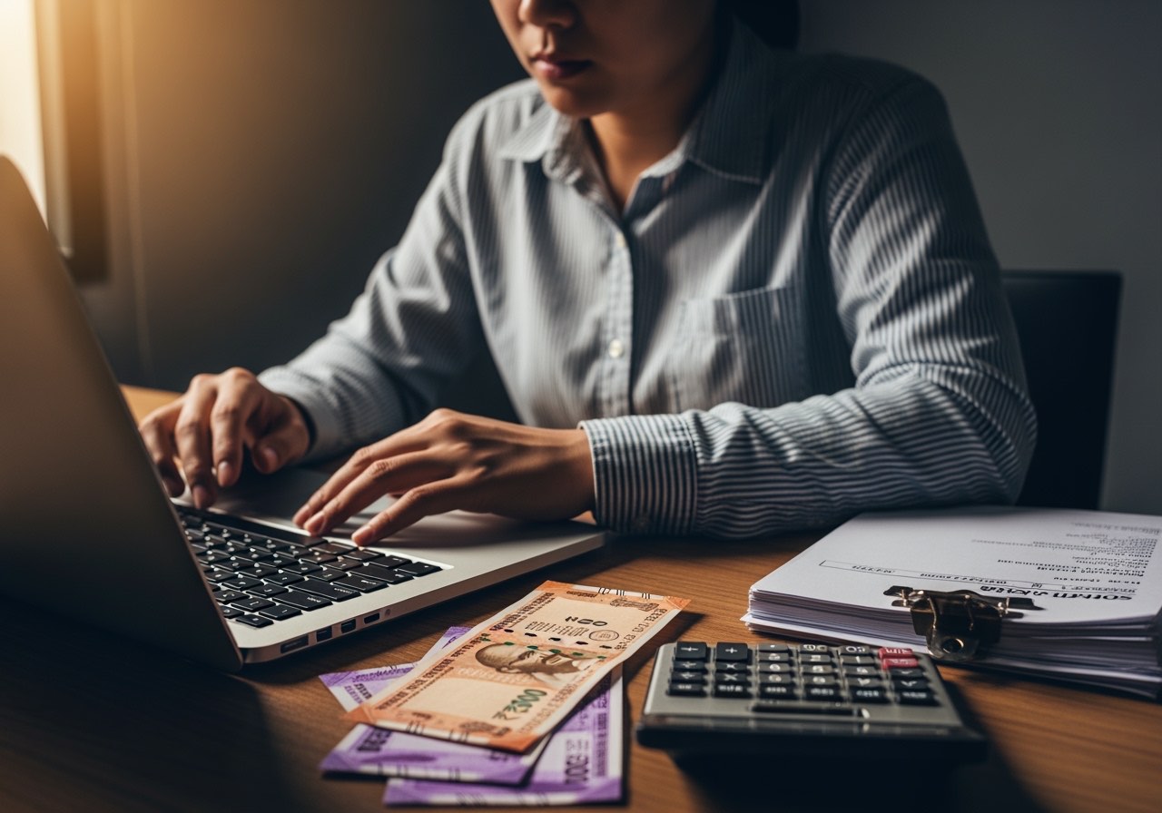 Composite operator at a back-office desk reviewing a P&L spreadsheet on a laptop with a calculator and a stack of supplier bills clipped together on the side, warm tungsten light, no readable logos