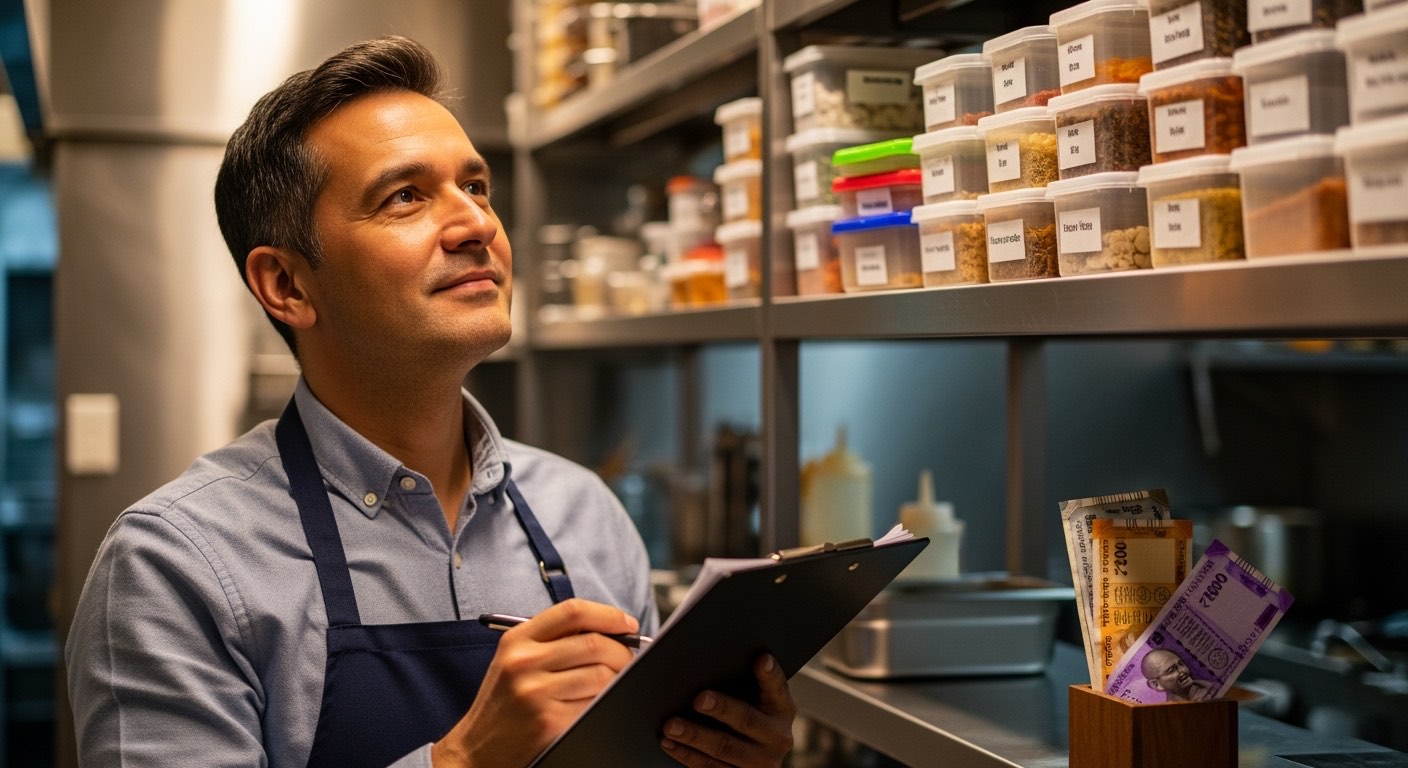 Manager at the kitchen pass with a clipboard counting inventory, calm focused lighting, no logos visible