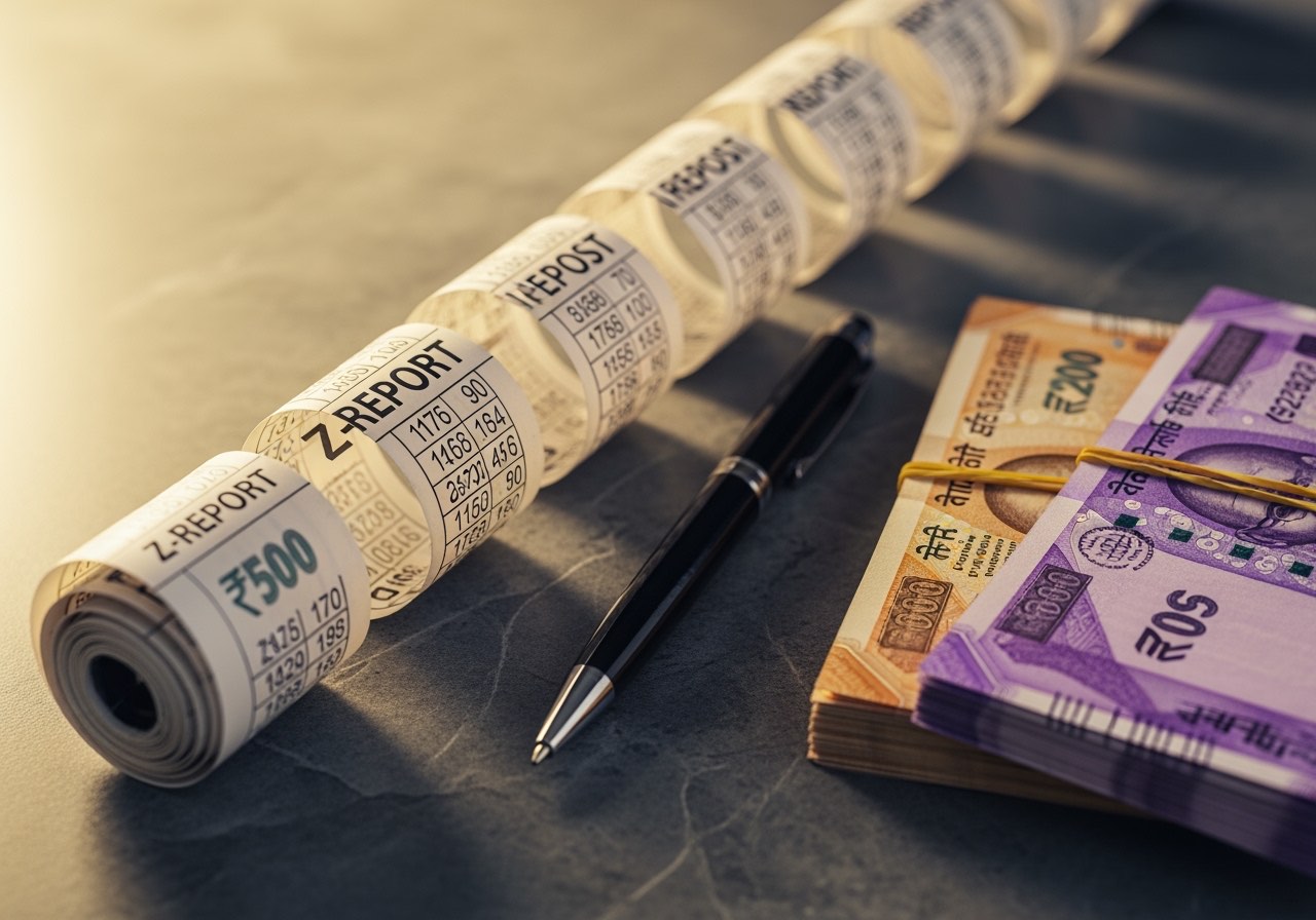 Indian restaurant Z-report tape next to drawer cash bundles on counter