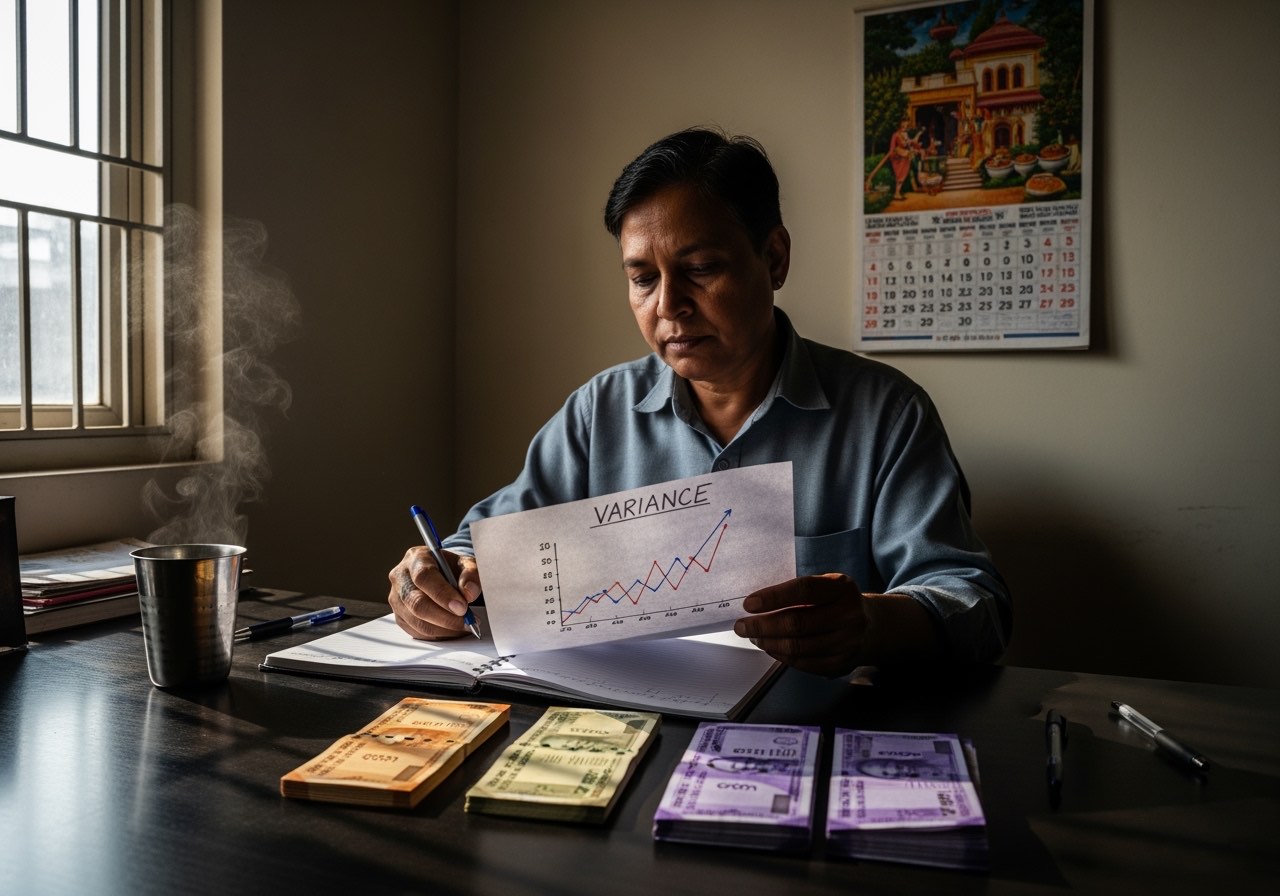 Owner reviewing weekly variance pattern in notebook with chai on table