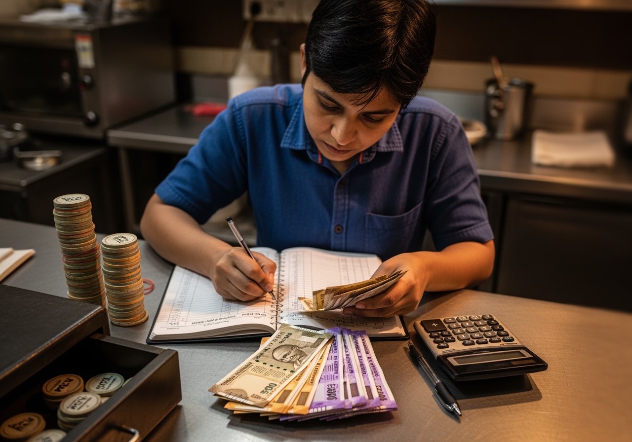 NCR के एक outlet में रात 11 बजे cashier DSR भर रहा है — bill book, PCV stack, ₹500 + ₹200 की notes counter पर