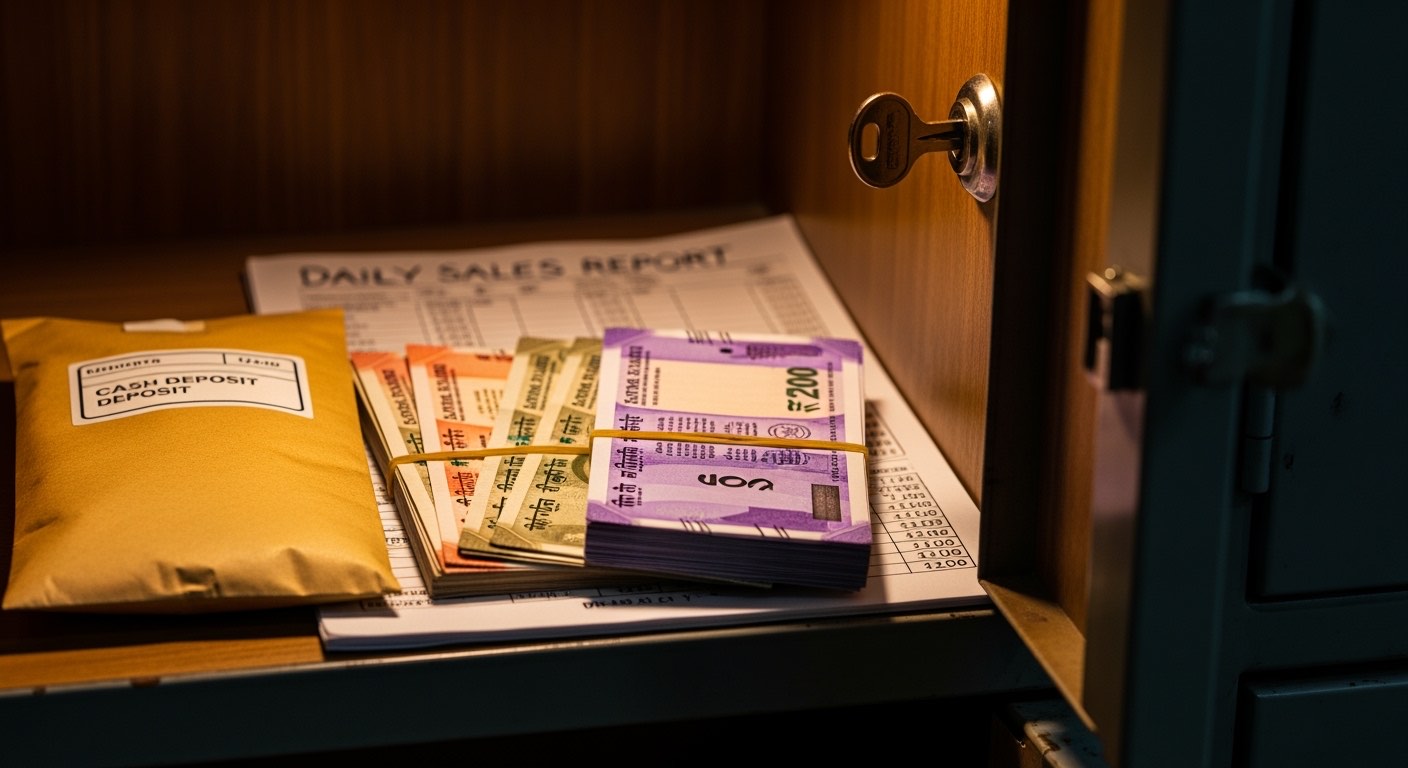 DSR sheet, PCV bundle, और deposit envelope साथ में locker के सामने रखे