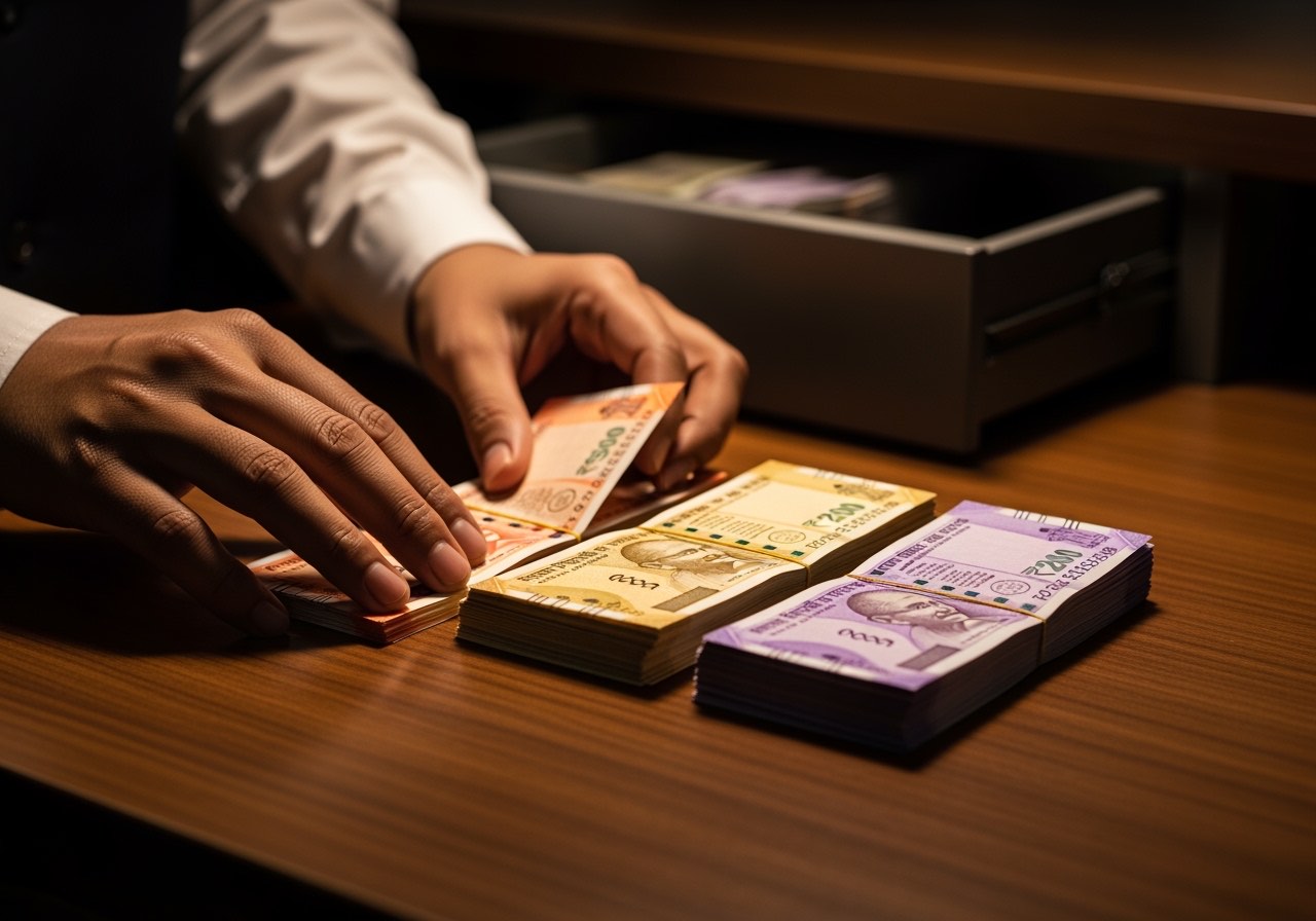 Indian restaurant cash drawer with notes sorted by denomination on counter for counting