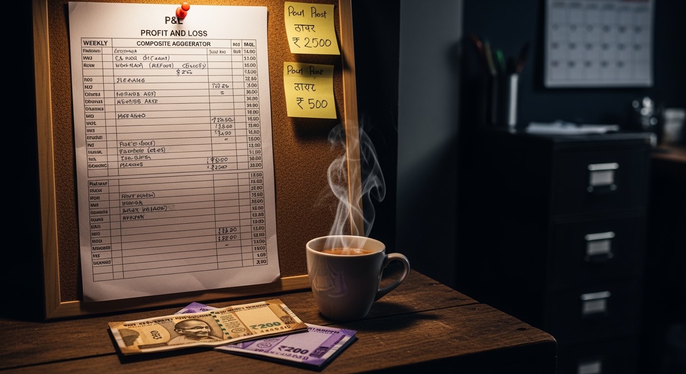 Composite weekly Swiggy-Zomato P&L printout pinned on a kitchen back-office board