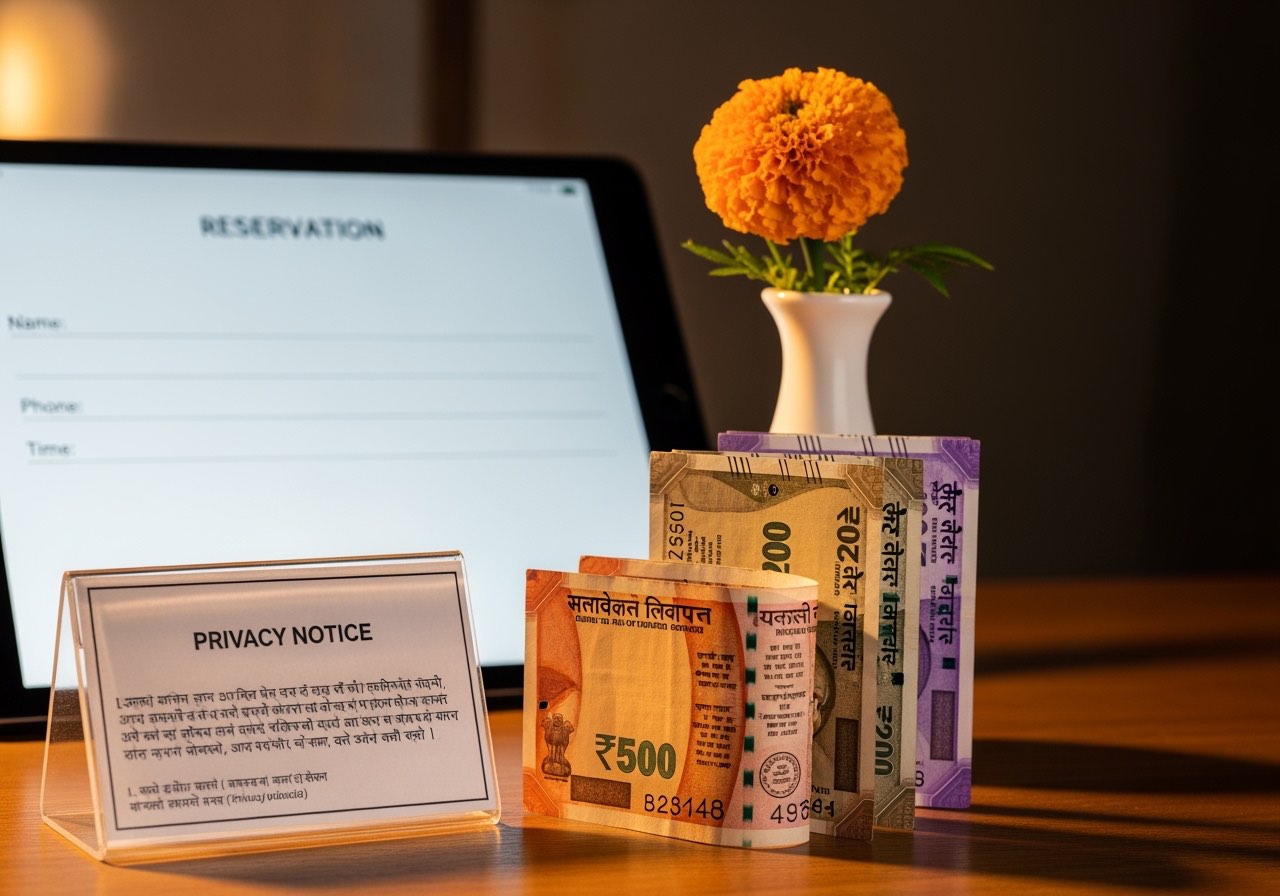 Restaurant front desk with reservation tablet and printed consent display