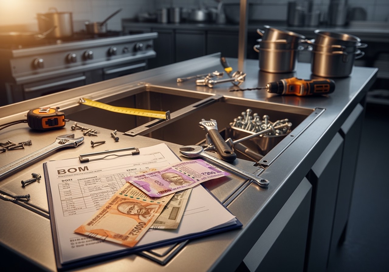 Operator inspecting commercial cooking range at an equipment vendor showroom
