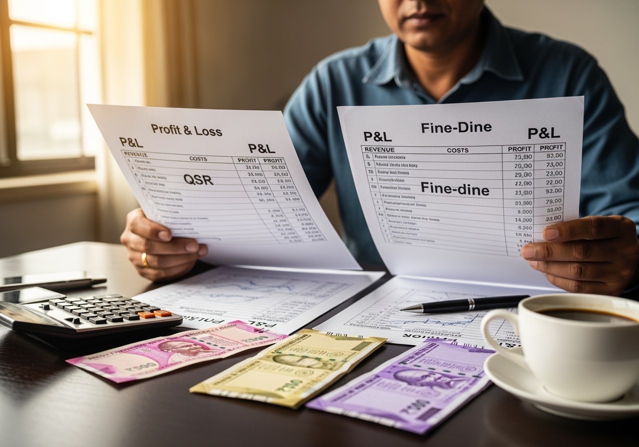 Owner reviewing per-format margin maths on a tablet — side-by-side P&L of QSR and fine-dine outlets