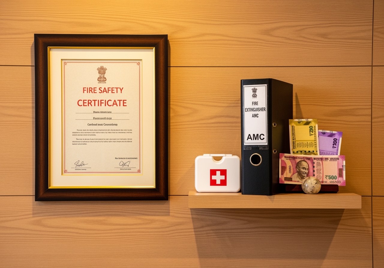 Fire NOC certificate framed on a restaurant office wall next to fire equipment