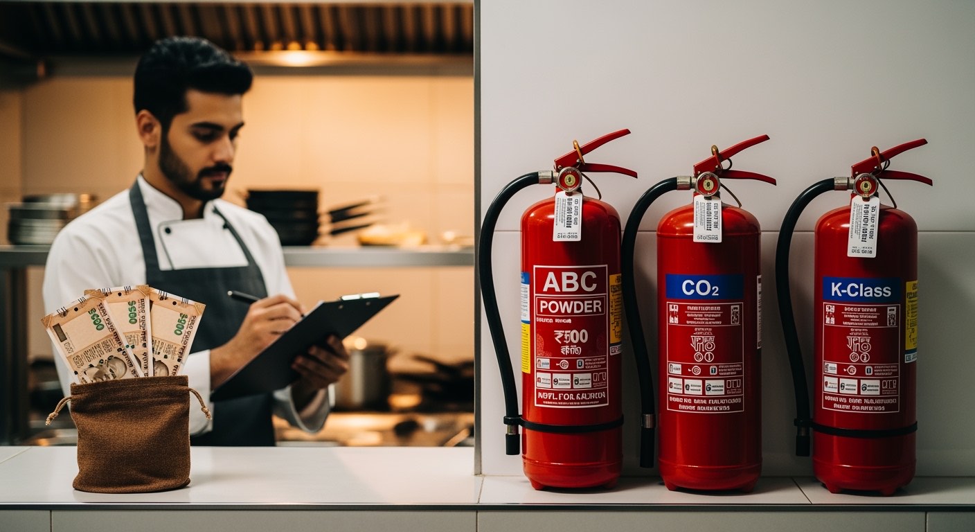 Fire extinguishers mounted on wall with refill date tags visible