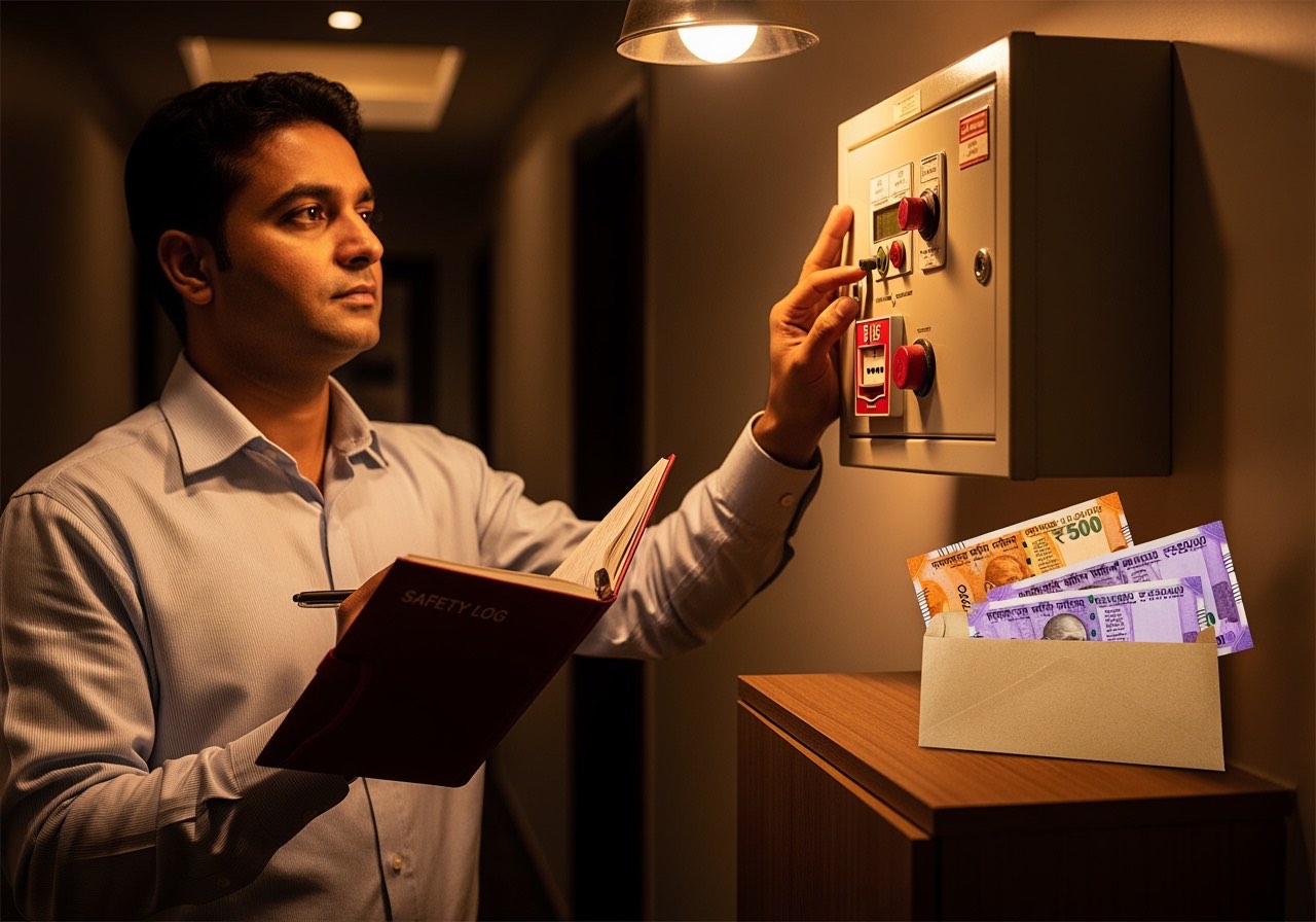 Restaurant manager checking fire alarm system with safety log book