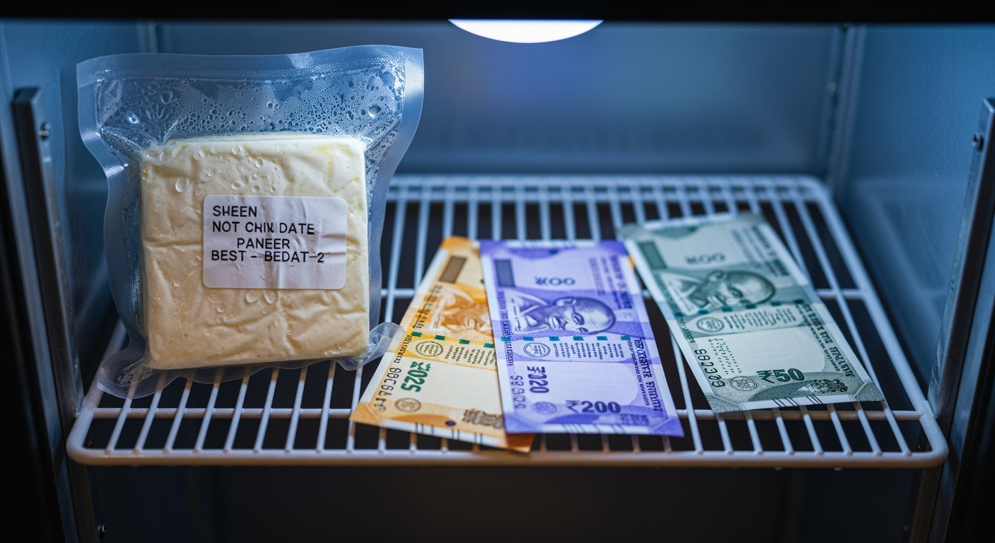 Vacuum-sealed pack of paneer pushed to the back of a stainless steel walk-in chiller shelf