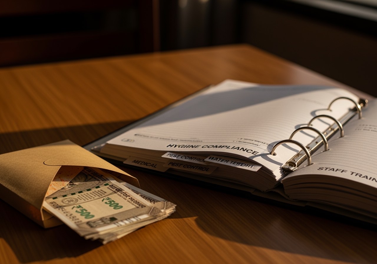 Restaurant hygiene compliance binder with tabbed sections for each FSSAI requirement