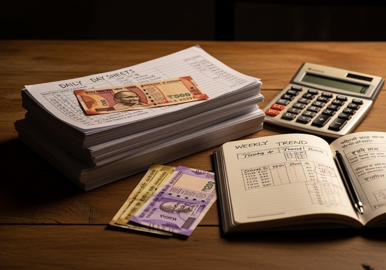 Sunday review — operator with a stack of 7 day-sheets, calculator, and a notebook with weekly trends sketched out