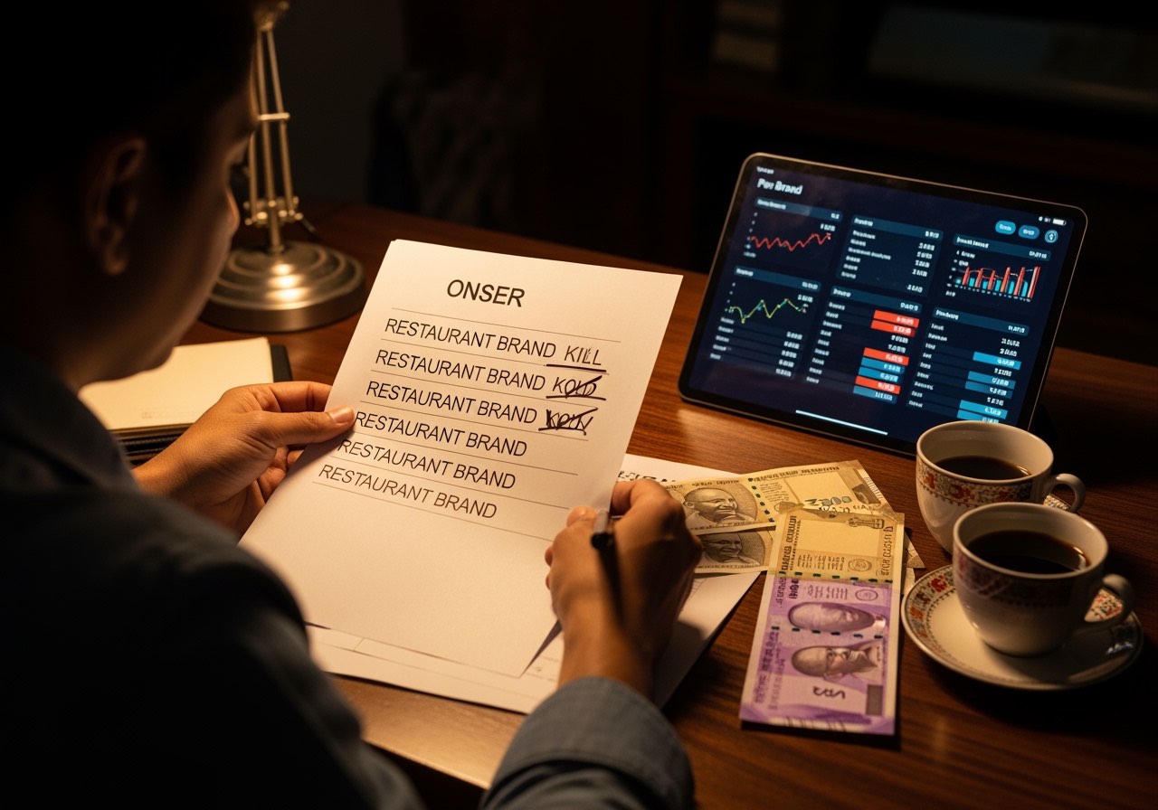 Quarterly brand-portfolio review — owner with a sheet of all 5 brands, kill/hold/grow/launch column, ratings printed alongside