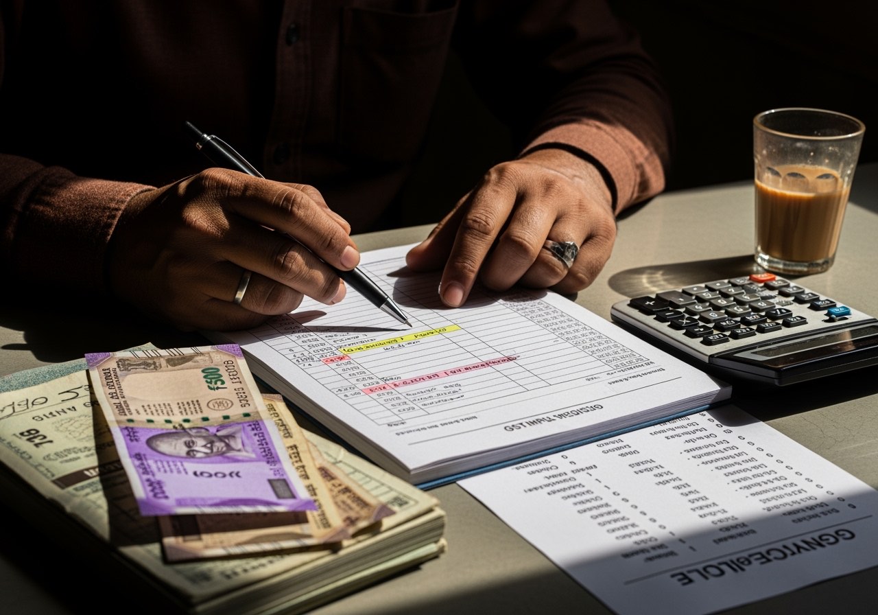 Owner reviewing GST input register against a stack of petty cash vouchers on a back-office desk