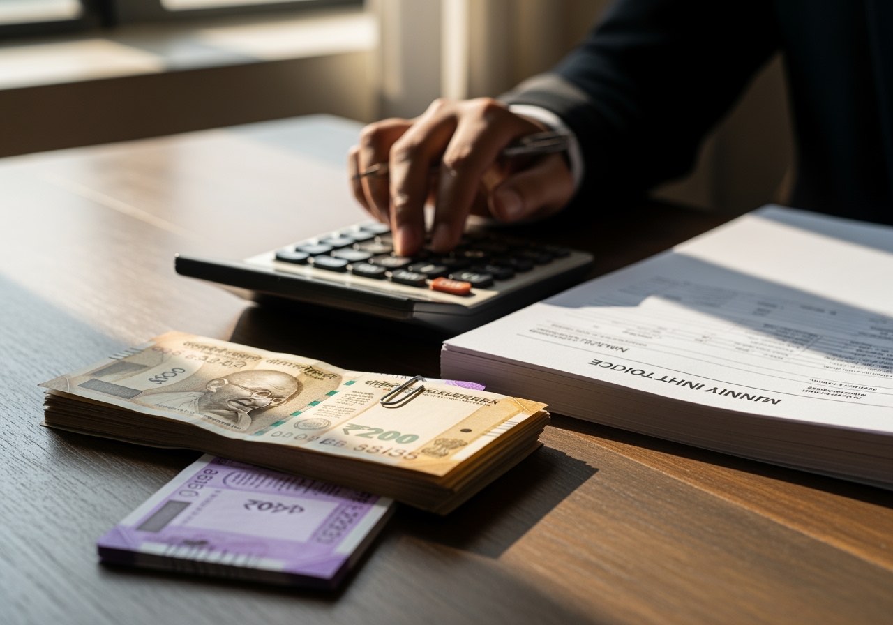 Restaurant accountant reconciling GST returns on a laptop with invoice files
