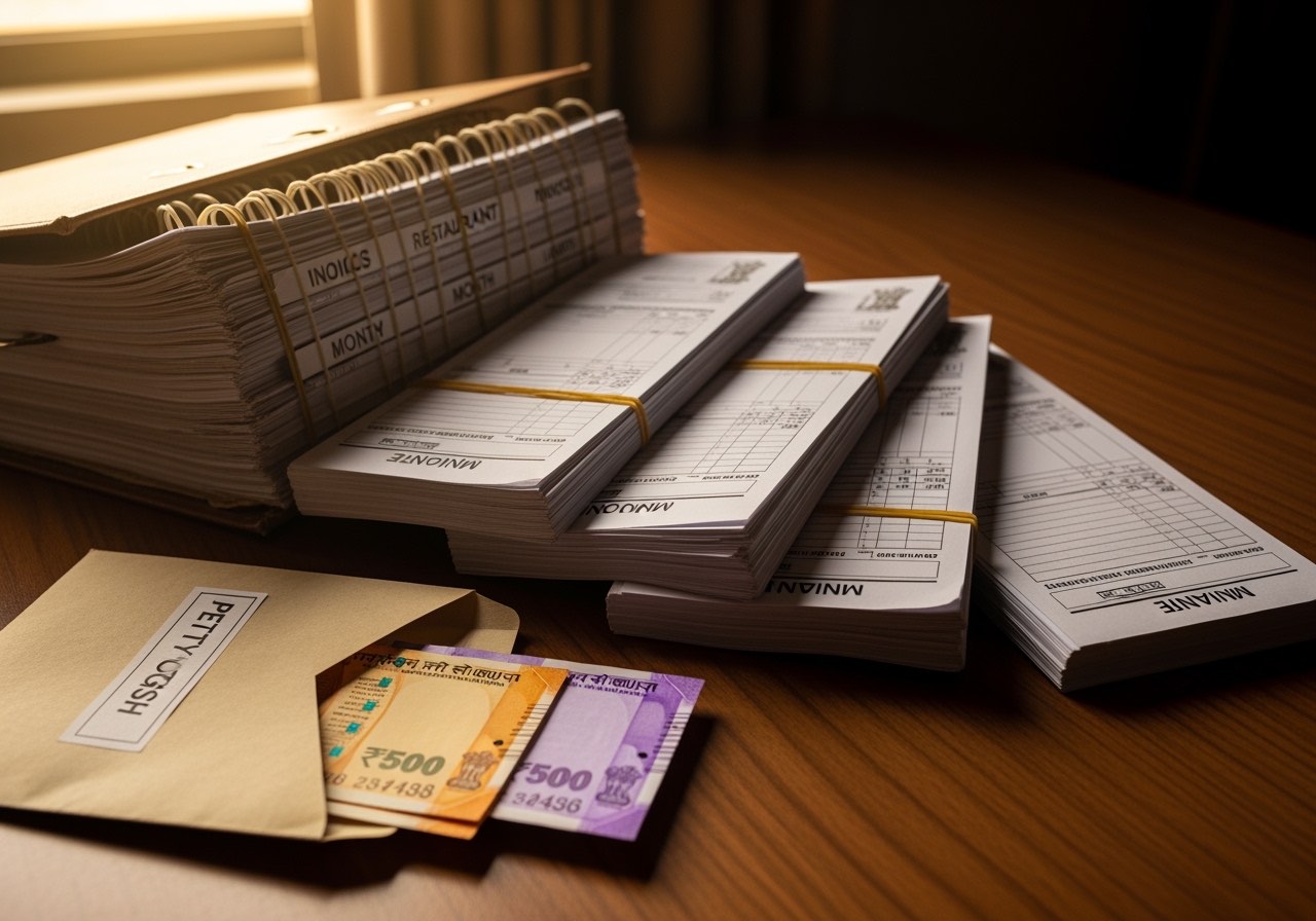 Stack of restaurant invoices and GST filing folder organised by month