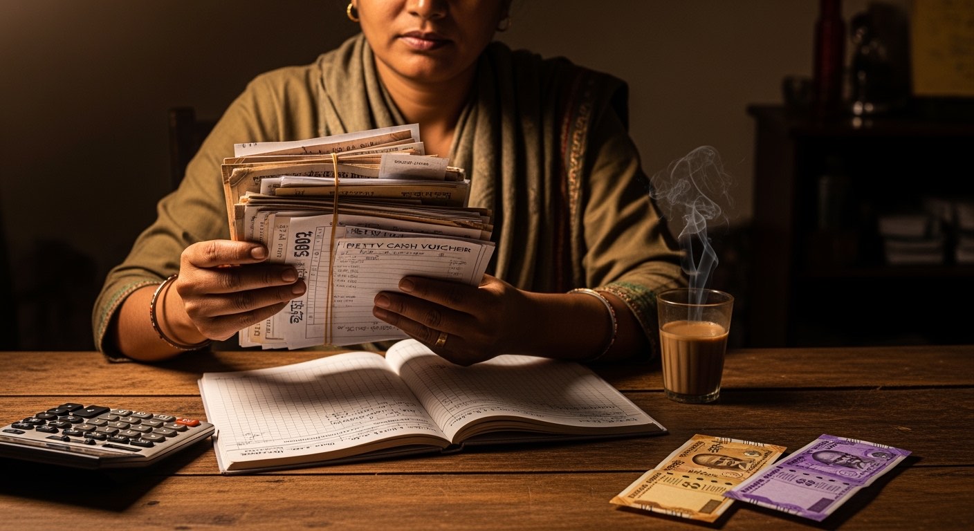 Owner reviewing a 30-day PCV bundle on a warm-lit back office desk, calculator and ledger visible