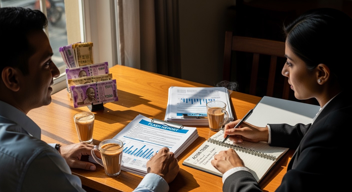 Indian restaurant owner and area manager reviewing weekly performance at desk