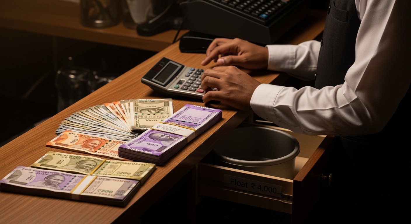 Cashier completing end-of-shift reconciliation with PCH label visible inside the drawer rim