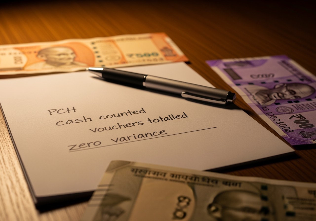A clean reconciliation sheet showing PCH, cash counted, vouchers totalled, and a zero variance line at the bottom