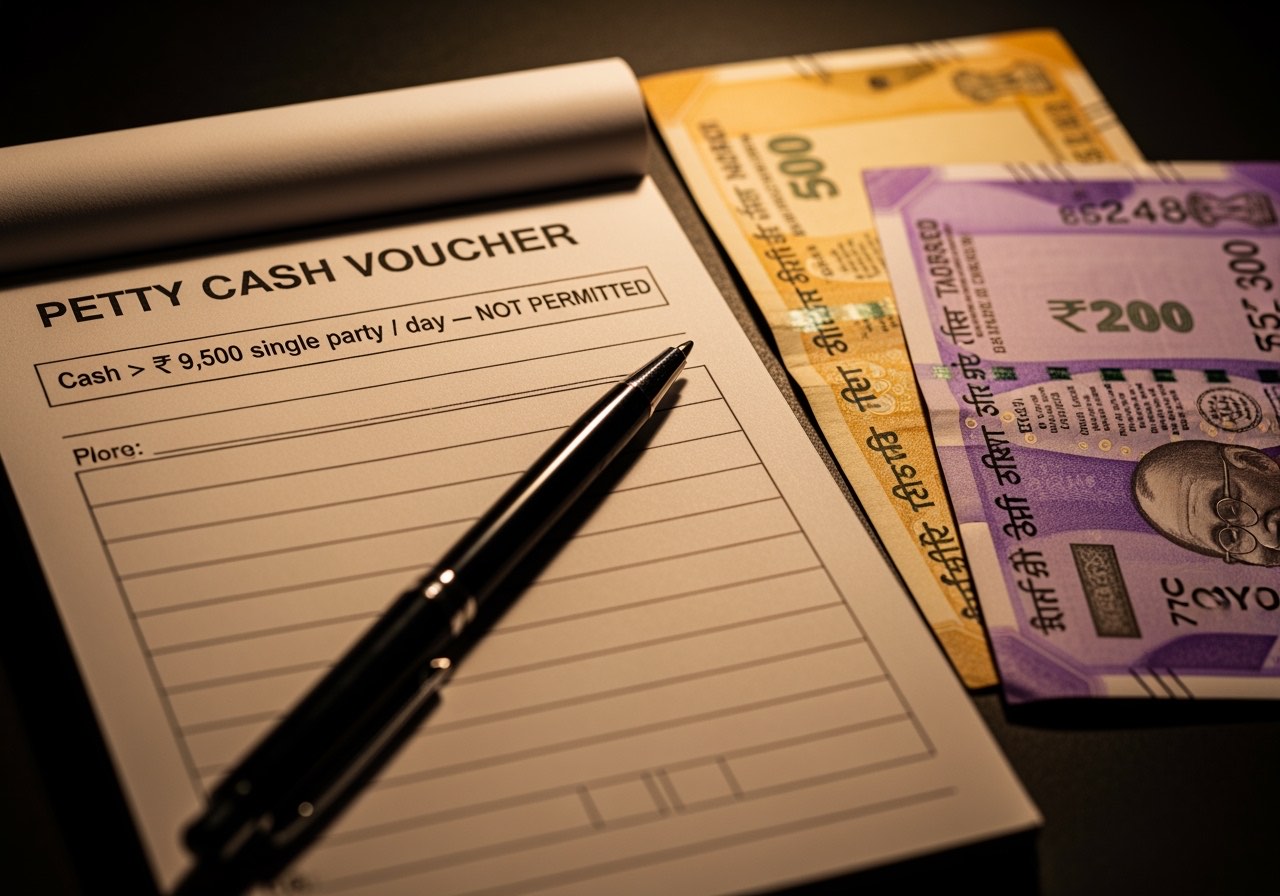 A clean PCV with a printed warning at the top stating 'Cash > ₹9,500 single party / day NOT PERMITTED — use UPI'
