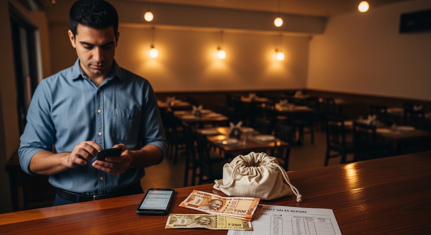 Restaurant manager submitting daily close form on phone in dining area