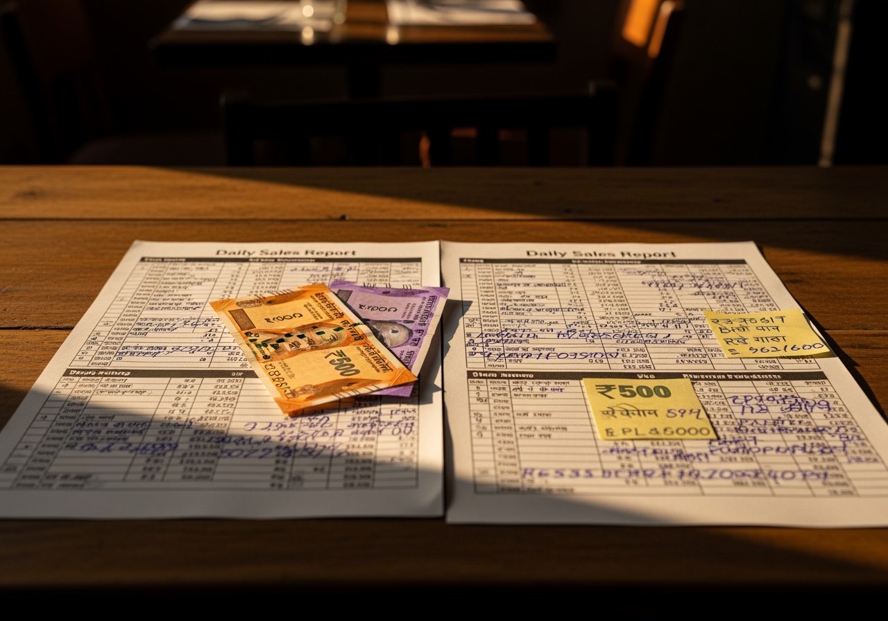 Indian restaurant owner reviewing daily reports from two outlets at desk