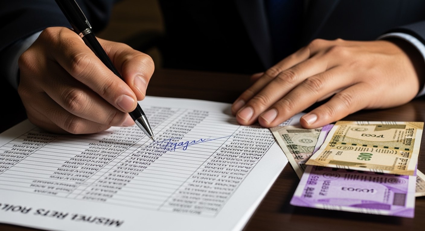 Muster roll register laid open at month-end alongside the wage register and OT register for cross-verification