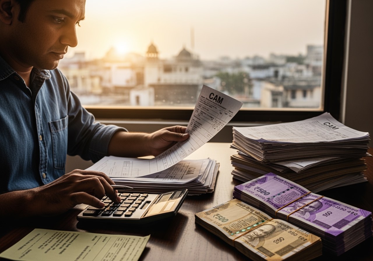Composite owner reviewing a stack of CAM bills and a calculator at a back-office desk with a city skyline visible through a window, soft natural light, no logos