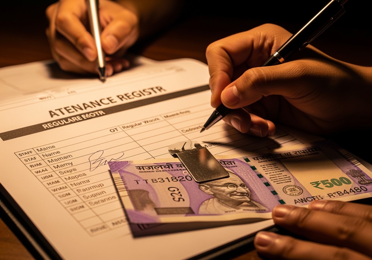 Indian restaurant manager logging overtime hours on staff register at night