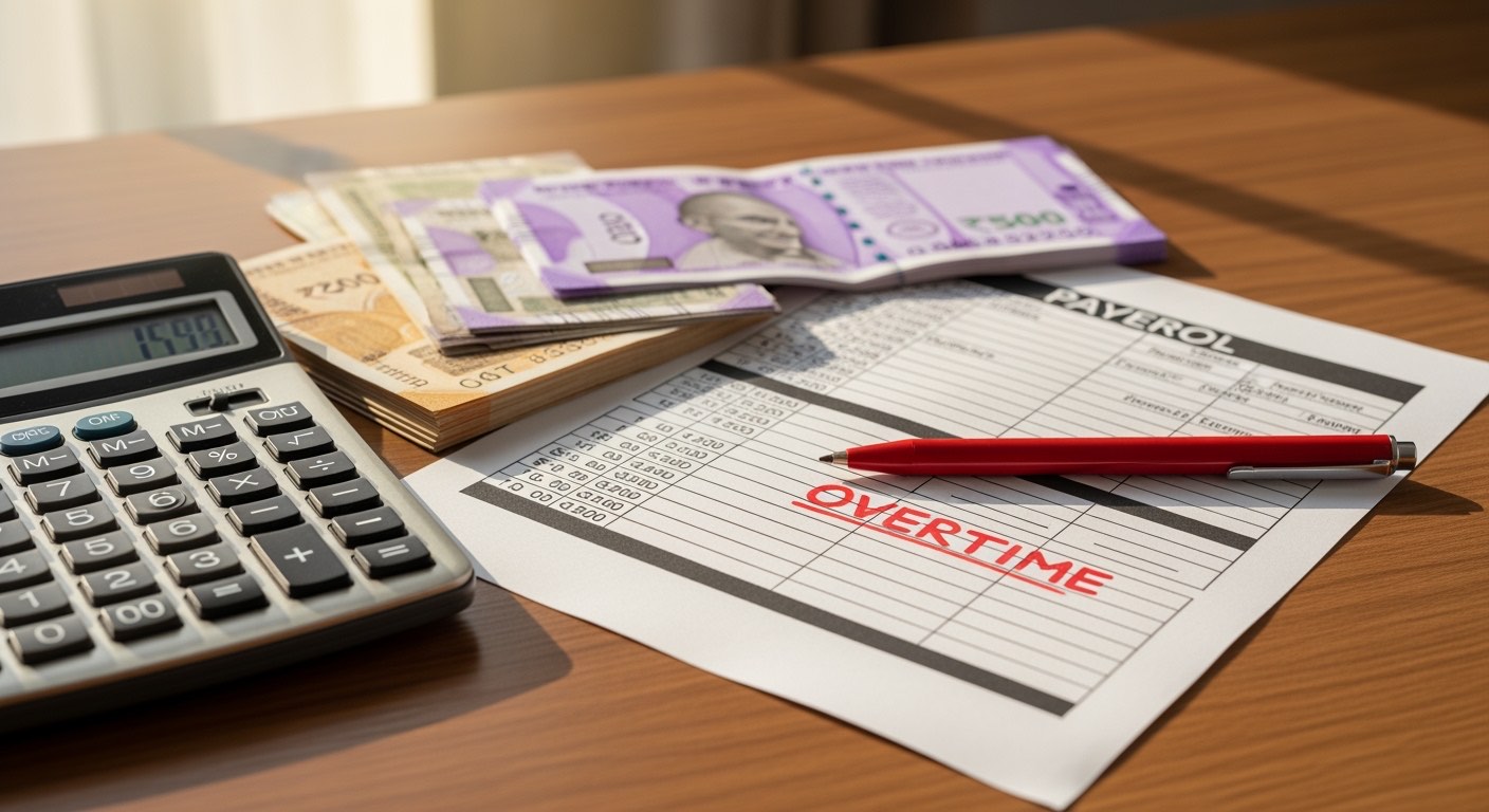 Indian restaurant payroll sheet with overtime calculation column highlighted