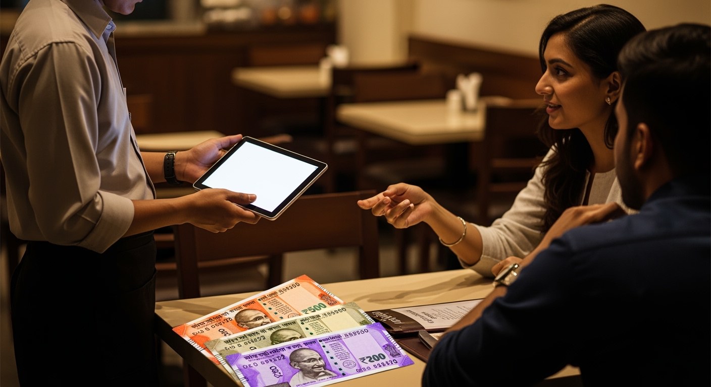 Petpooja-style POS terminal at a counter with an order-taking flow in progress
