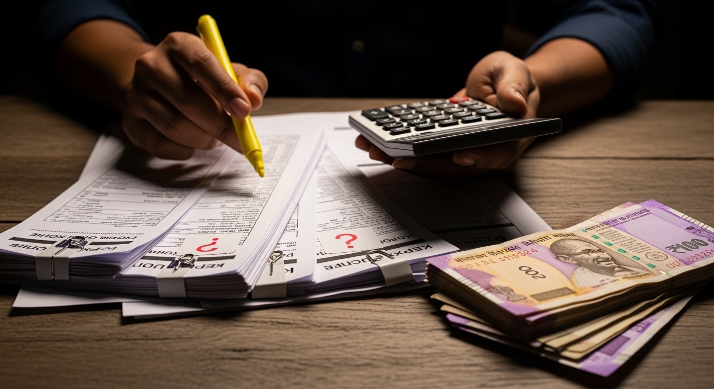 Auditor cross-checking voucher amounts against attached vendor bills with a calculator and a highlighter