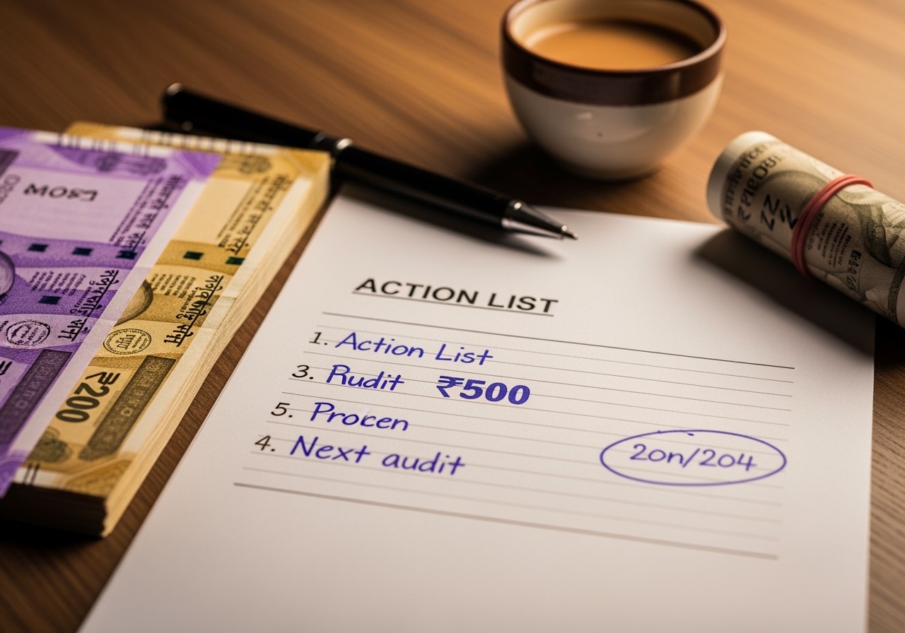 Action-list page on the manager's desk after the audit, with the next-audit date circled in red