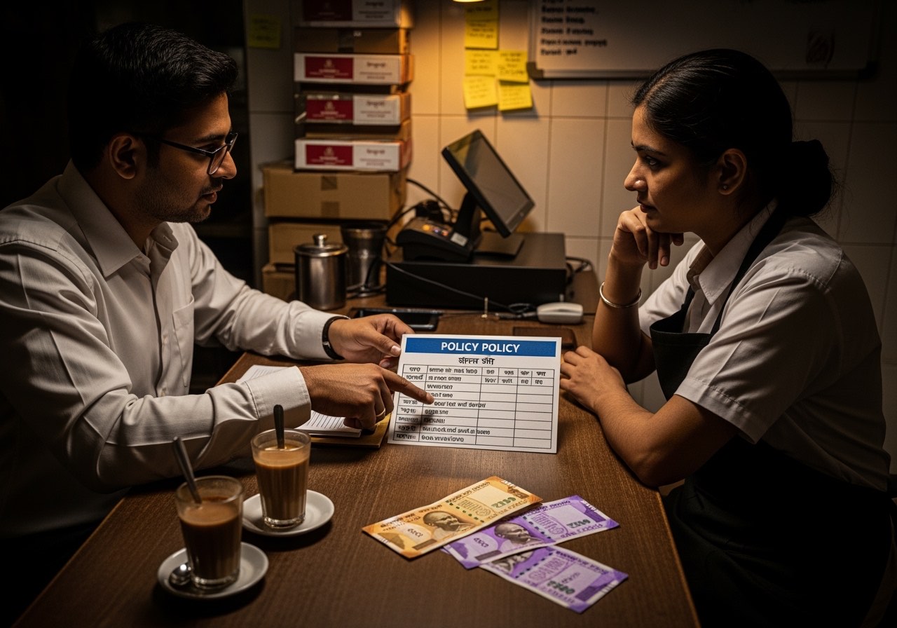 Briefing moment — manager walking the cashier through the policy with the laminated card visible on the table