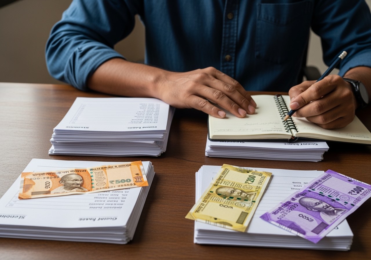 Indian restaurant owner reviewing weekly petty cash voucher pile at Sunday morning office