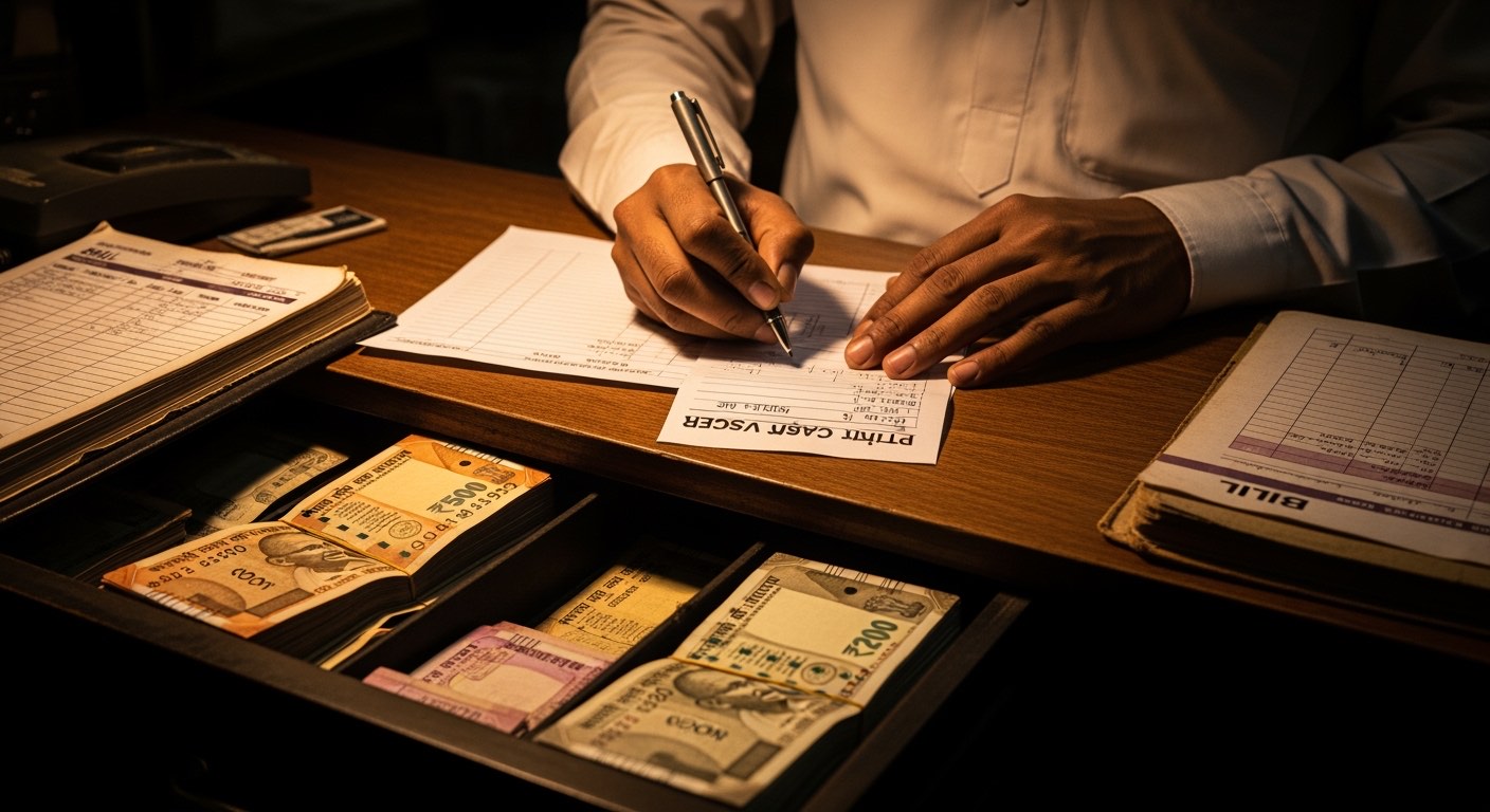 Cashier voucher fill कर रहा है — pen, voucher pad, ₹500 + ₹200 की notes drawer में